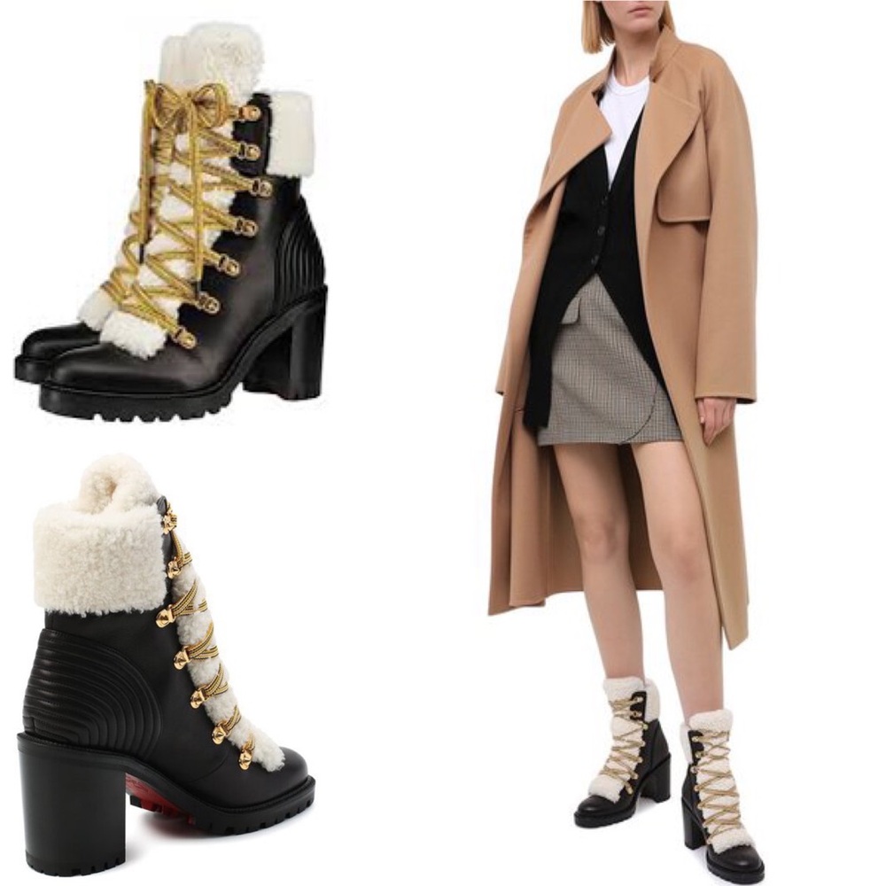 NEW Christian Louboutin Black Leather Shearling Yetita 70 Hiker Booties Lug Sole